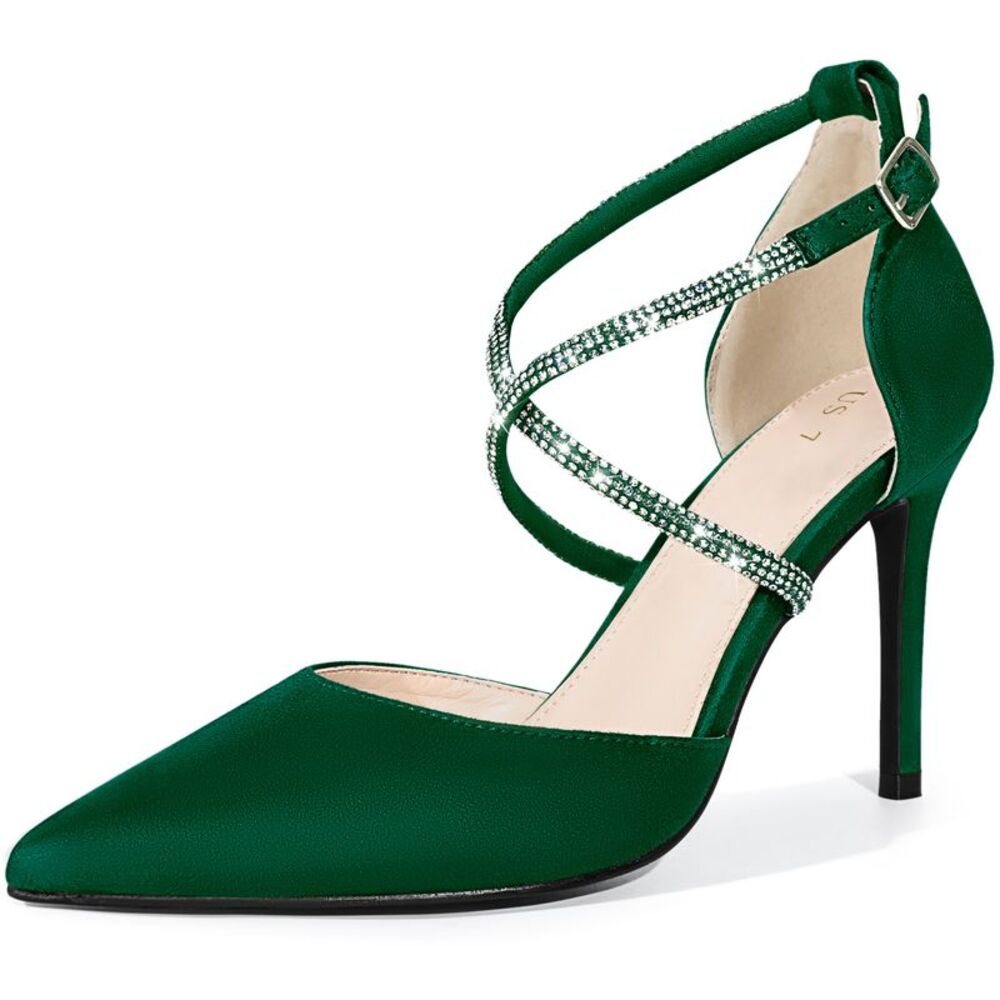 Pointed Toe Crisscross Rhinestone Ankle Strap Stiletto Heel Pumps Green